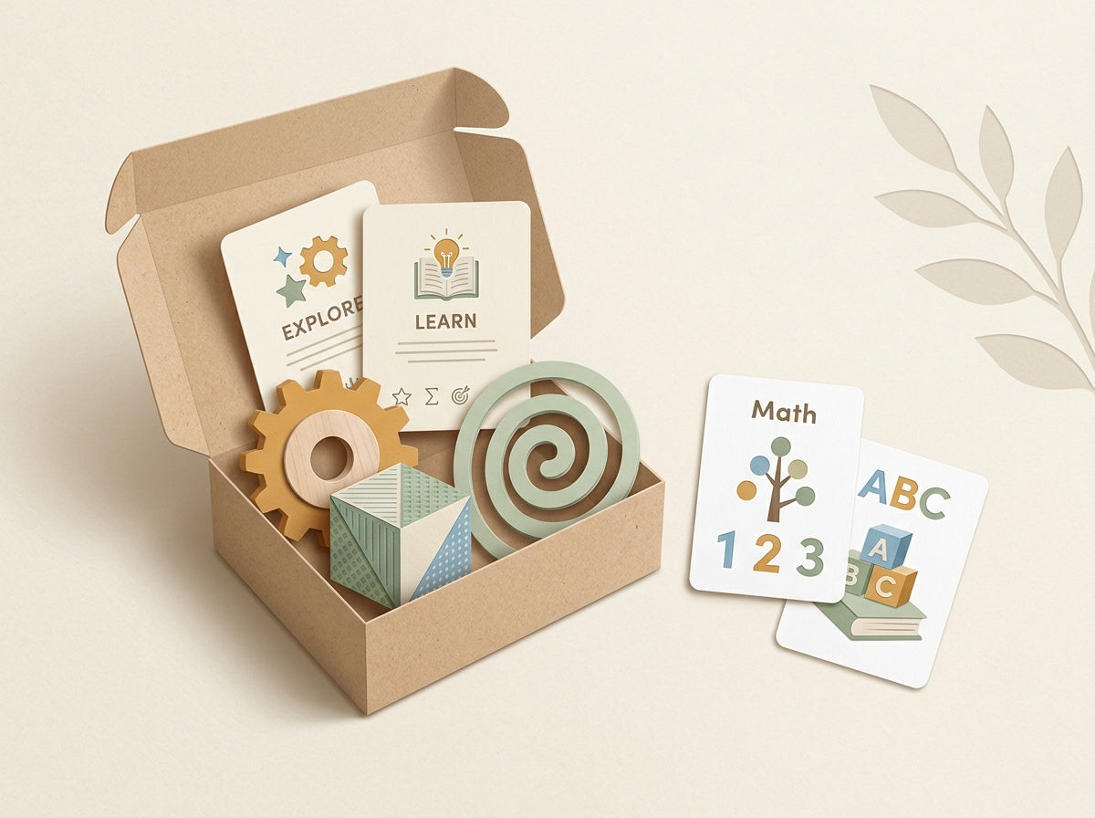 Layered papercut illustration of EduSensory™ subscription box and tactile learning Edoo™ tools